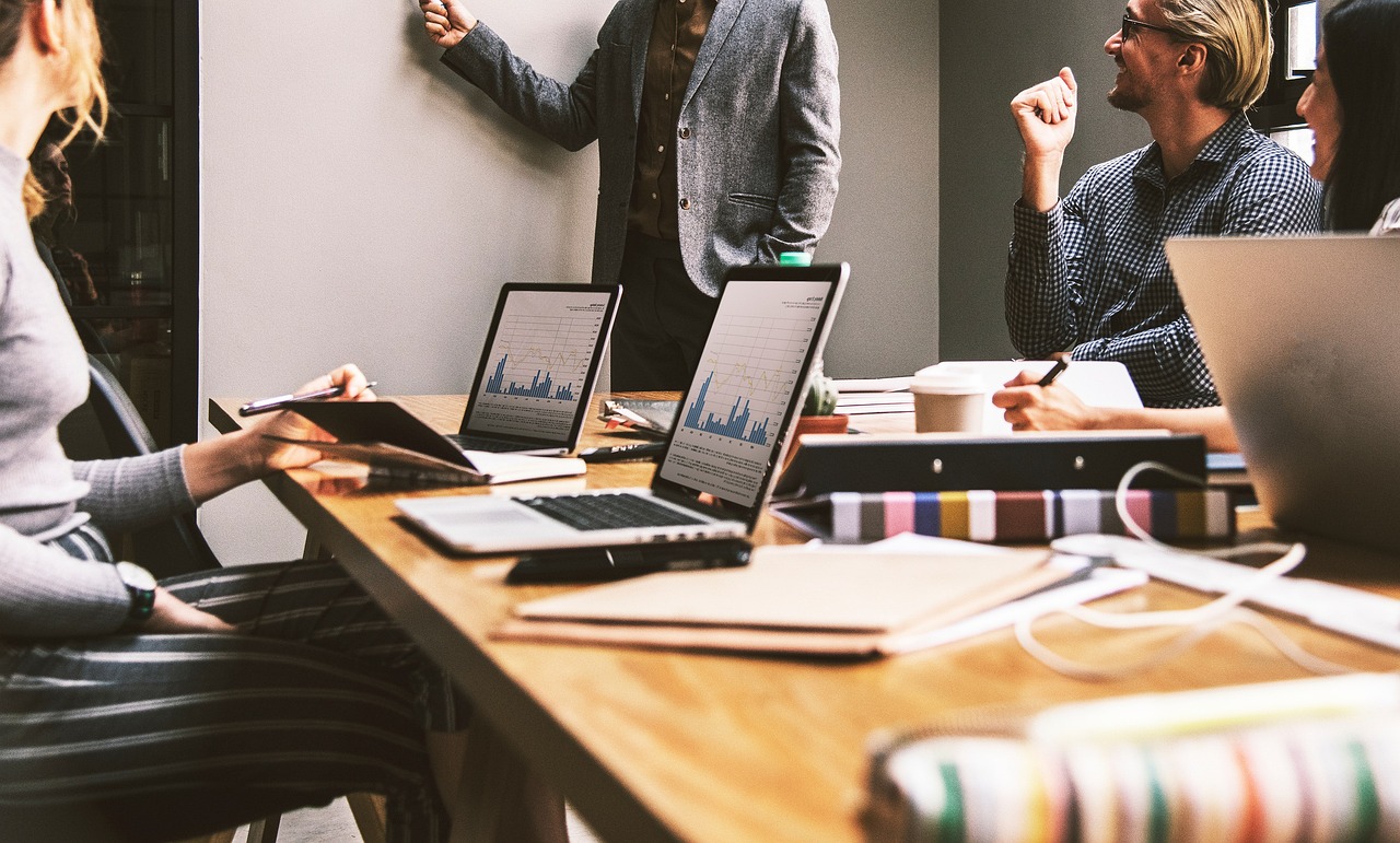 A finance team collaborating in a modern office